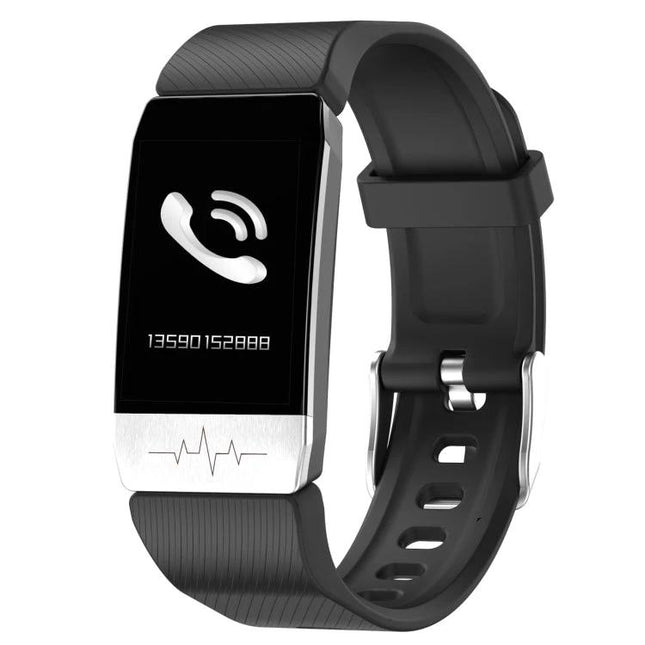 Daily Health Tracker Bracelet for Everyday Wellness — black fitness tracker showing call alert, step and heart-rate icons