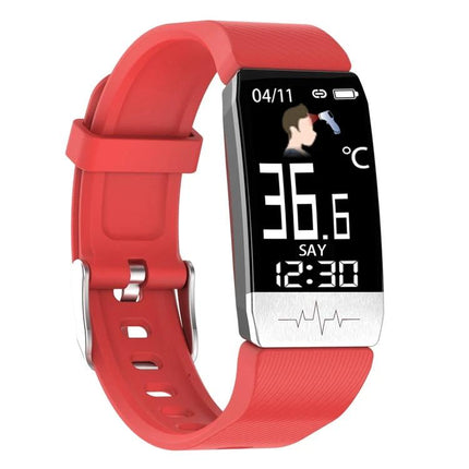 Daily Health Tracker Bracelet for Everyday Wellness - red fitness band showing steps, heart rate icon, temperature 36.6°C and time display