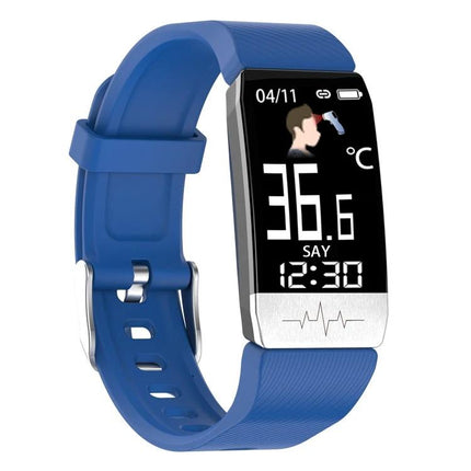Daily Health Tracker Bracelet for Everyday Wellness - blue fitness tracker showing 36.6°C, time and heart rate display