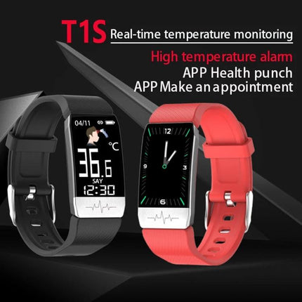 Daily Health Tracker Bracelet for Everyday Wellness - T1S real-time temperature monitor with step, calories, sleep tracking in black and red bands