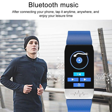 Daily Health Tracker Bracelet for Everyday Wellness - blue fitness tracker showing music controls and activity tracking while a jogger runs outdoors