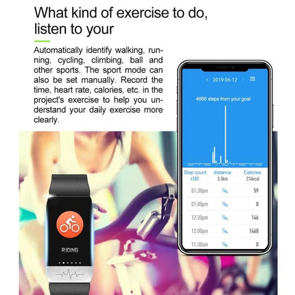 Daily Health Tracker Bracelet for Everyday Wellness showing wristband, cycling icon, and mobile app steps, distance and calories dashboard