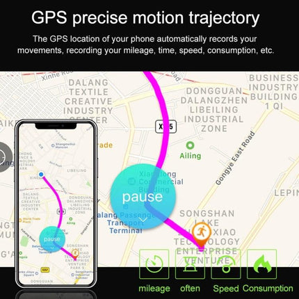 Daily Health Tracker Bracelet for Everyday Wellness showing GPS motion trajectory map with paused route and mileage/speed icons