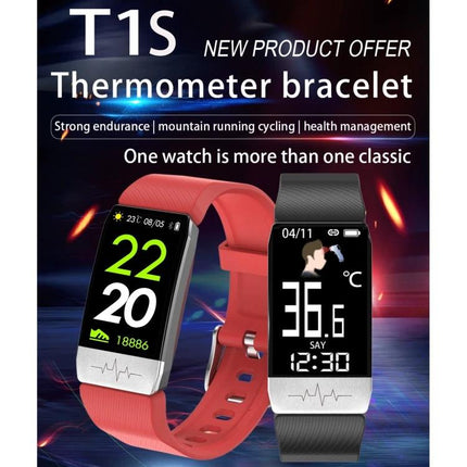 Daily Health Tracker Bracelet for Everyday Wellness - sleek thermometer bracelet showing steps, calories, heart rate and temperature readouts