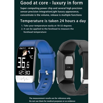 Daily Health Tracker Bracelet for Everyday Wellness - blue and black fitness bands showing step, temperature and heart rate display