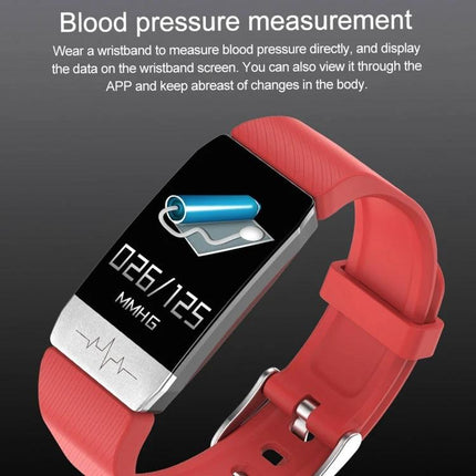 Daily Health Tracker Bracelet for Everyday Wellness showing red fitness band with blood pressure reading 026/125 mmHg on screen