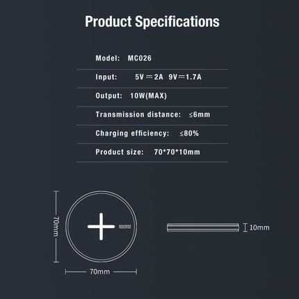 Nillkin MC026 Portable Wireless Charger 10W Fast Charge With Smart Chip product specifications diagram showing 70x70x10mm size, 10W output, 5V/9V input, ≤6mm transmission distance