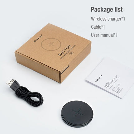 Nillkin MC026 Portable Wireless Charger 10W Fast Charge With Smart Chip - compact black wireless pad, USB-C cable, box and user manual