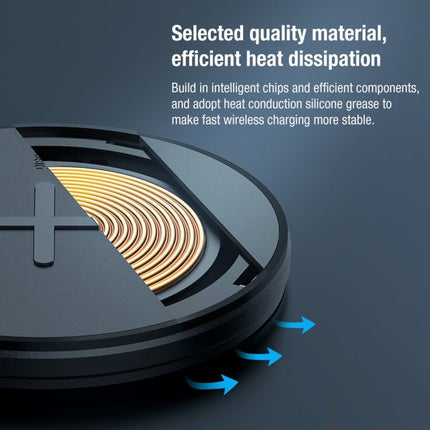 Nillkin MC026 Portable Wireless Charger 10W Fast Charge With Smart Chip showing internal coil, heat dissipation, smart chip and anti-slip design