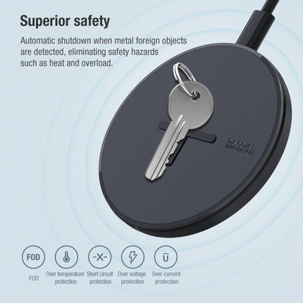 Nillkin MC026 Portable Wireless Charger 10W Fast Charge With Smart Chip showing keys on pad to illustrate FOD safety and automatic shutdown