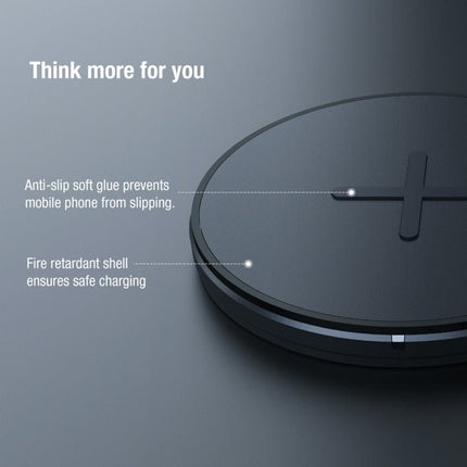 Nillkin MC026 Portable Wireless Charger 10W Fast Charge With Smart Chip showing anti-slip surface and fire-retardant shell for safe, stable charging