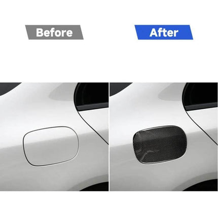 Mercedes-Benz Carbon Fiber Fuel Tank Cap Sticker For Car Decor shown before and after application on white C-Class W205 fuel filler cap