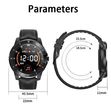 Essential smart watch for everyday health and activity monitoring - black round watch face, leather strap, dimensions 45.5mm x 22mm, band 18.5–23.5cm, 11mm thickness