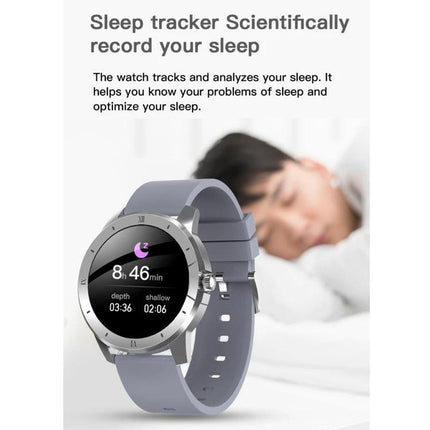 Essential smart watch for everyday health and activity monitoring showing sleep tracker screen with sleep duration, depth, and a person sleeping