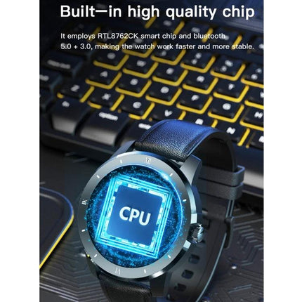 Essential smart watch for everyday health and activity monitoring showing watch face with CPU graphic and leather strap on keyboard background