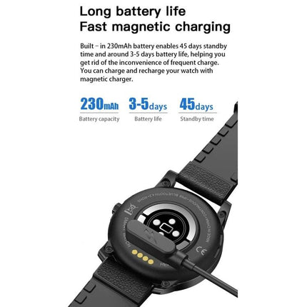 Essential smart watch for everyday health and activity monitoring - back view showing magnetic charger, 230mAh battery, 3-5 days use and 45 days standby