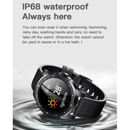 Essential smart watch for everyday health and activity monitoring - IP68 waterproof black leather strap watch showing steps, heart rate and weather icons