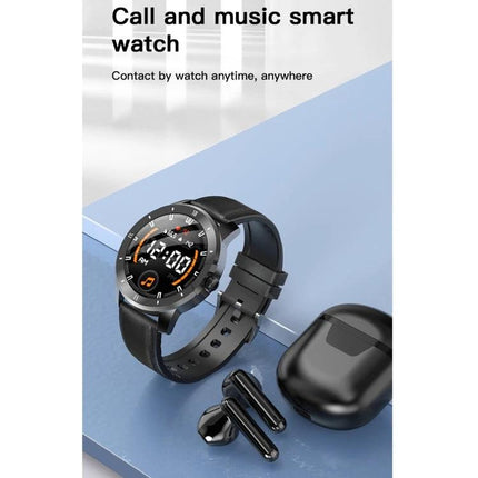 Essential smart watch for everyday health and activity monitoring - round black smartwatch with heart rate, step tracking display and Bluetooth earbuds