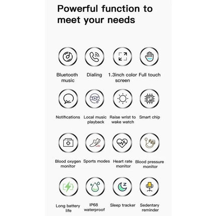 Essential smart watch for everyday health and activity monitoring showing icons for heart rate, blood pressure, SpO2, steps, sleep tracker, music, calls and sedentary reminders