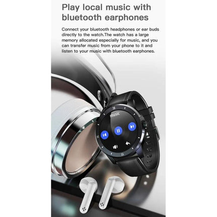 Essential smart watch for everyday health and activity monitoring showing music playback on watch with Bluetooth earbuds and headphones
