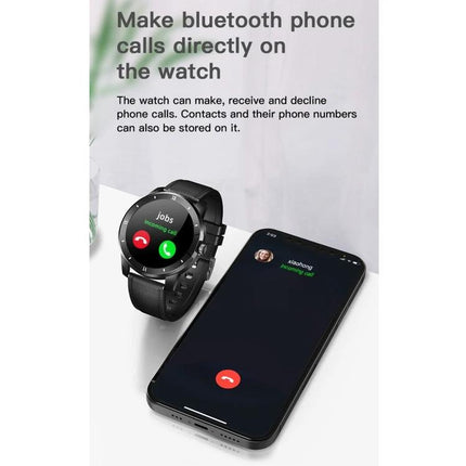 Essential smart watch for everyday health and activity monitoring showing call controls on watch and phone, heart-rate and step tracking visible