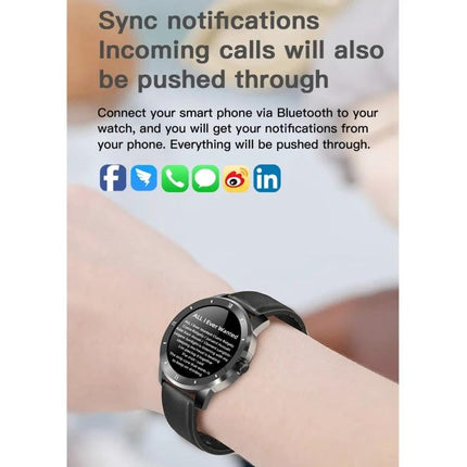 Essential smart watch for everyday health and activity monitoring on wrist showing call and app notifications, heart rate and step tracking