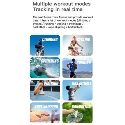Essential smart watch for everyday health and activity monitoring showing multiple workout modes: climbing, cycling, swimming, running, walking, basketball, rope skipping, badminton
