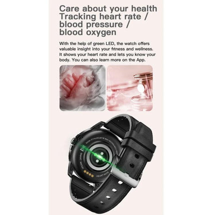 Essential smart watch for everyday health and activity monitoring showing heart rate sensor, step and calorie tracking on black strap watch