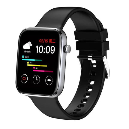 Smart Watch for Everyday Health and Activity Monitoring showing black smartwatch with activity rings, step count, heart rate and time display