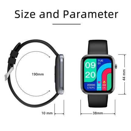 Smart Watch for Everyday Health and Activity Monitoring – rectangular display, 44mm x 38mm, 190mm band, step and heart-rate tracking