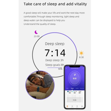 Smart Watch for Everyday Health and Activity Monitoring showing sleep tracking screen with deep sleep 7:14, app interface and wrist photo