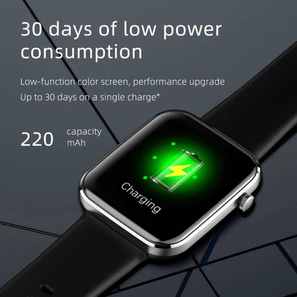 Smart Watch for Everyday Health and Activity Monitoring showing 30 days low power consumption, 220 mAh battery and charging icon on screen