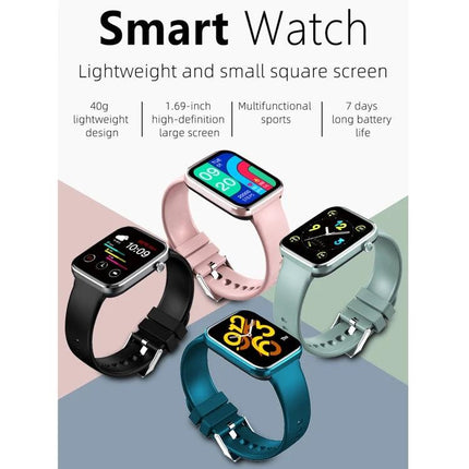 Smart Watch for Everyday Health and Activity Monitoring - stylish square-screen watches in black, pink, teal and mint showing health and activity screens