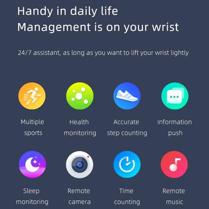 Smart Watch for Everyday Health and Activity Monitoring showing icons for health monitoring, step counting, sleep tracking, reminders, and music control