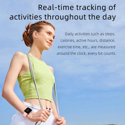 Smart Watch for Everyday Health and Activity Monitoring worn by woman jogging, showing step and heart-rate tracking