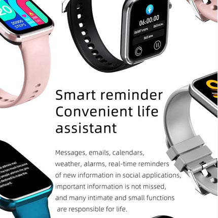 Smart Watch for Everyday Health and Activity Monitoring showing multiple colored bands and screen icons for steps, heart rate, and reminders