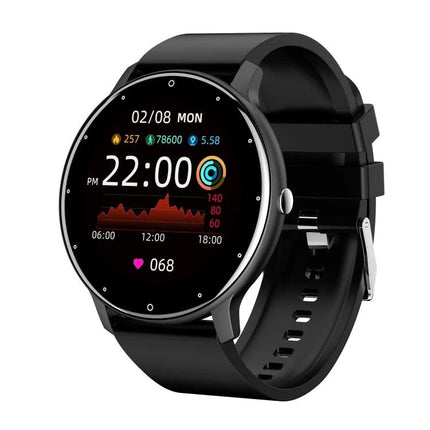 A Smart Watch for Everyday Health Monitoring and Activity Tracking black round smartwatch showing heart rate, steps, sleep and notifications on screen