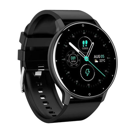 A Smart Watch for Everyday Health Monitoring and Activity Tracking - black round smartwatch showing steps, heart rate, and notifications