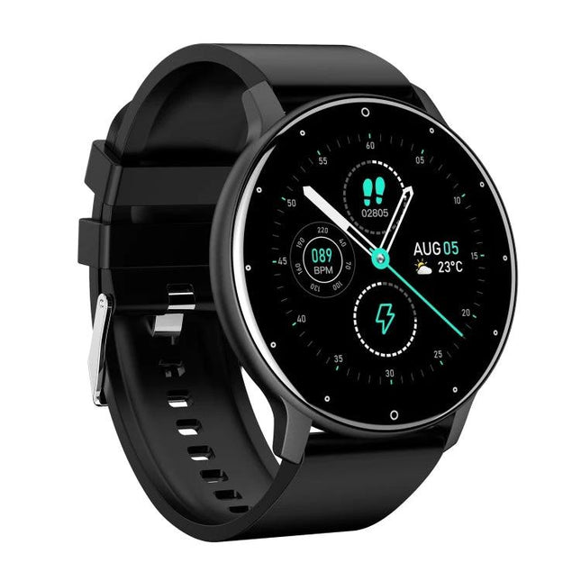 A Smart Watch for Everyday Health Monitoring and Activity Tracking - black round smartwatch showing steps, heart rate, and notifications