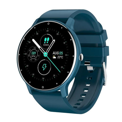 A Smart Watch for Everyday Health Monitoring and Activity Tracking - teal fitness smartwatch showing heart rate, steps, date and activity reminders