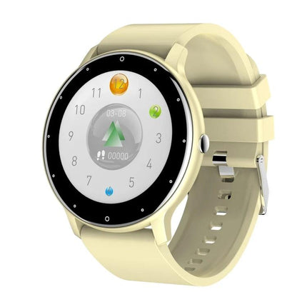 A Smart Watch for Everyday Health Monitoring and Activity Tracking — beige round-face fitness smartwatch showing heart rate, steps, and notifications
