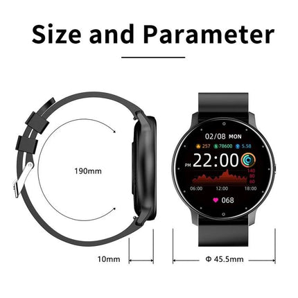 A Smart Watch for Everyday Health Monitoring and Activity Tracking shown with 45.5mm round face, 190mm strap length and activity/heart-rate display