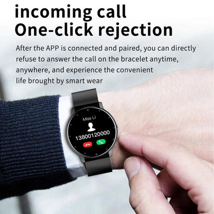 A Smart Watch for Everyday Health Monitoring and Activity Tracking showing incoming call screen with one-click rejection on wrist