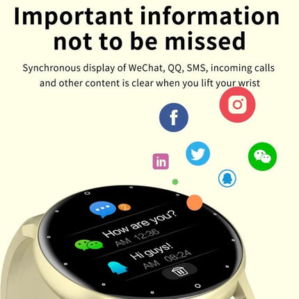 A Smart Watch for Everyday Health Monitoring and Activity Tracking showing message and app notifications on a round touchscreen