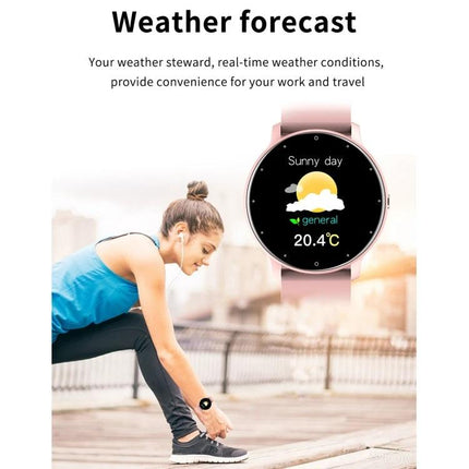 A Smart Watch for Everyday Health Monitoring and Activity Tracking showing weather, heart rate, and step reminders on a pink smartwatch worn by a runner