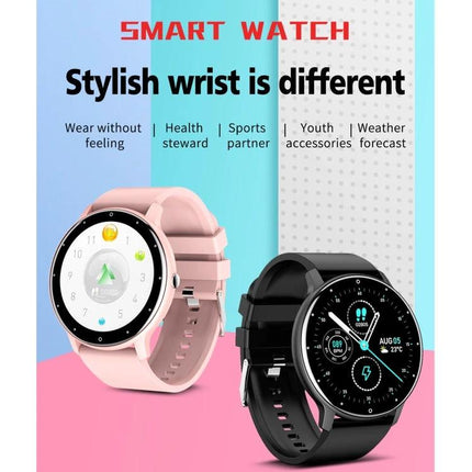 A Smart Watch for Everyday Health Monitoring and Activity Tracking - pink and black round-face smartwatches showing step, heart rate, and notification screens