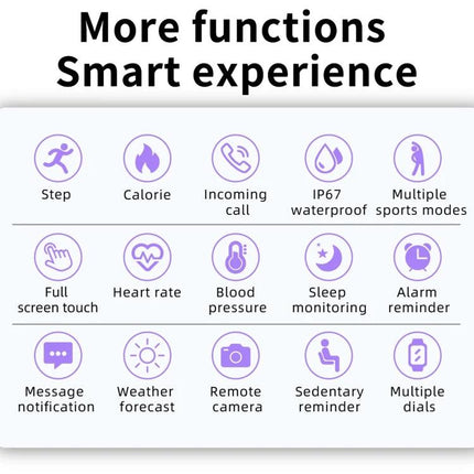 A Smart Watch for Everyday Health Monitoring and Activity Tracking with icons showing steps, heart rate, sleep, blood pressure, notifications, waterproof