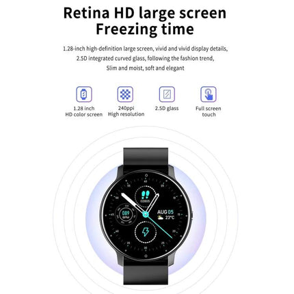 A Smart Watch for Everyday Health Monitoring and Activity Tracking - round Retina HD screen showing step, heart rate, and notification icons