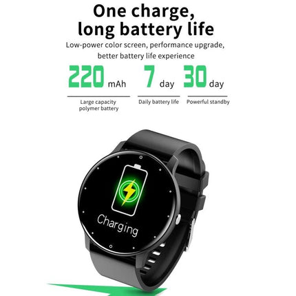 A Smart Watch for Everyday Health Monitoring and Activity Tracking showing long battery life 220mAh, 7 day daily battery, 30 day standby with charging display