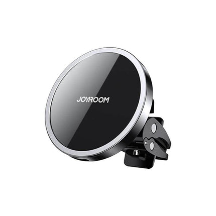 JOYROOM Magnetic Wireless Car Charger Holder for Smartphones mounted on car vent showing magnetic wireless charging pad and secure clamp